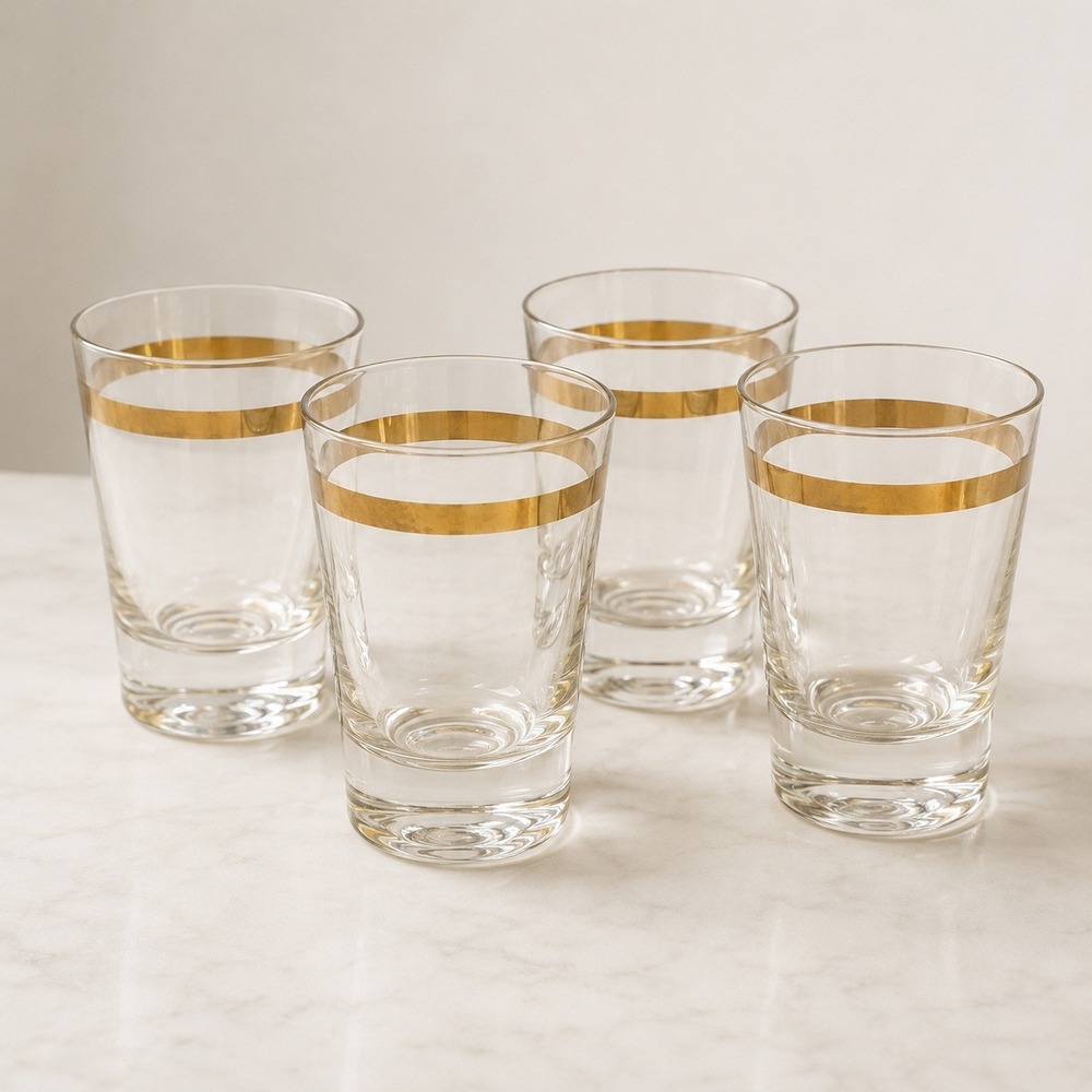 Vintage MCM Gold Rim Shot Glasses Set 4 Mid Century Modern Barware Old MoneyDeco